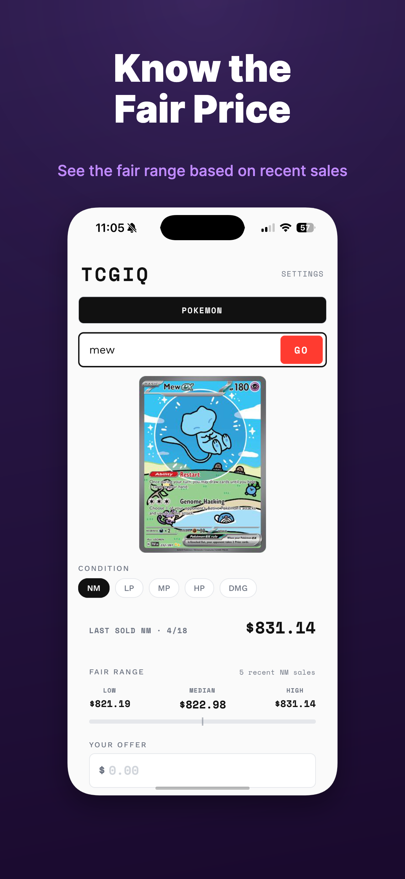 TCGIQ Fair Range view showing low, median, and high recent sold prices for a Pokemon card
