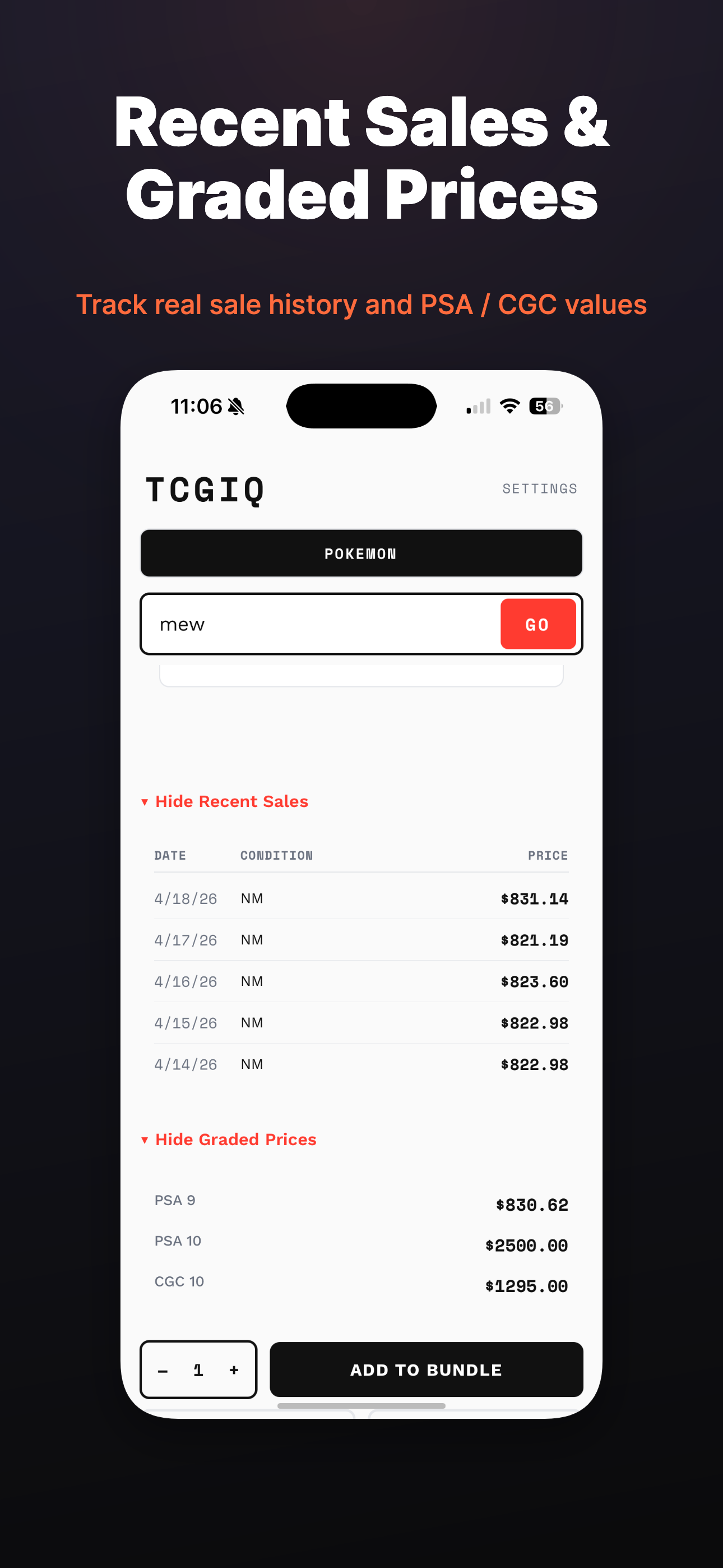 TCGIQ Recent Sales table with date, condition, and price columns