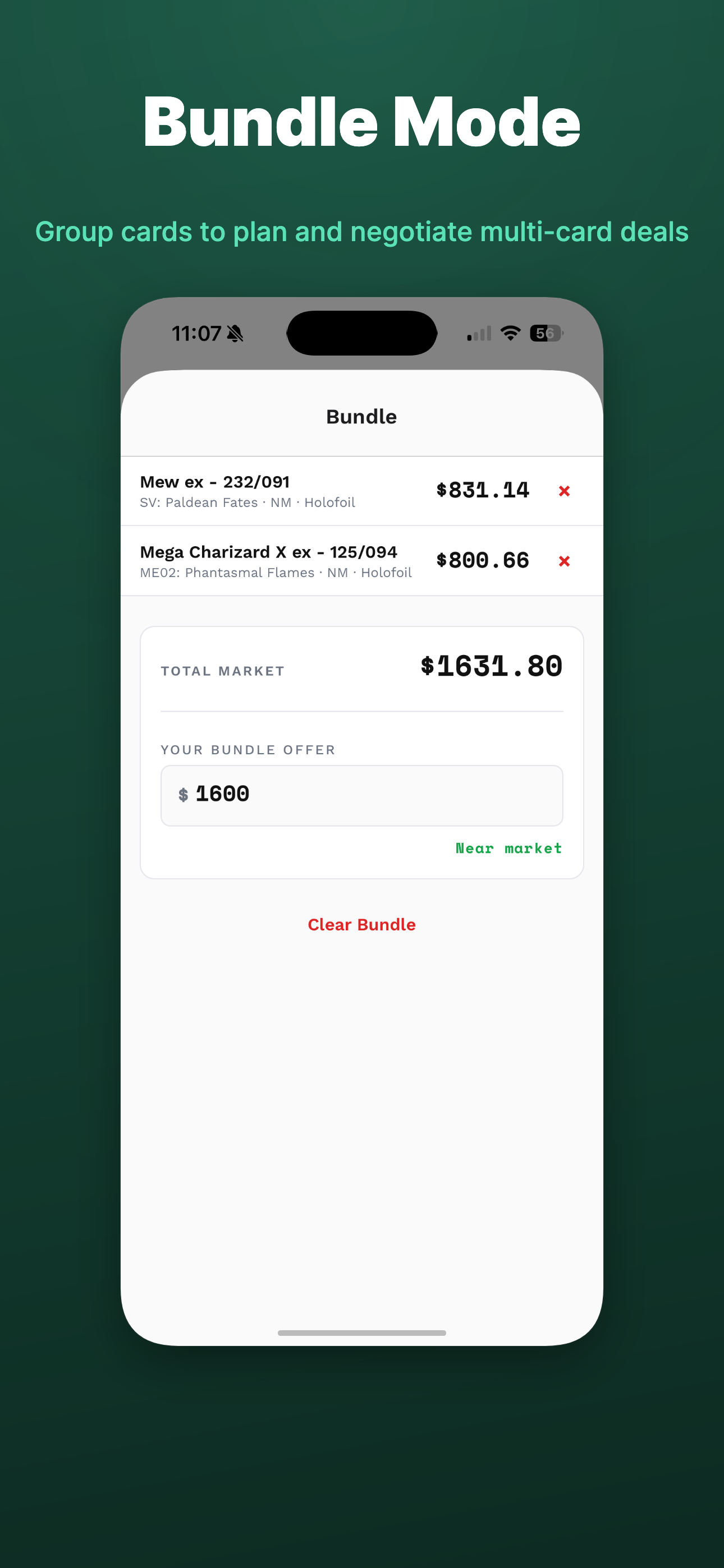 TCGIQ Bundle screen showing multiple cards stacked with a fairness indicator